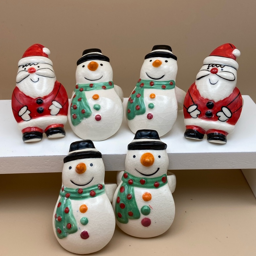 Vintage Ceramic Snowman and Santa Claus Napkin Rings - Set of 6